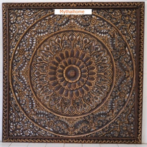 Carved wood headboard 96&quot;, Extra Large Solid Wood Panel, Teak Wall Art Panel,Mandala Headboard King,Thai Wood Carving,Bohemian headboard 240