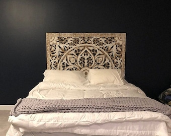 59 "Blanco Queen Bed Boho Cabecero Mandala Escultura Recuperada Flor Madera Colgante Tallado Teca Madera Arte Panel Decoración de pared Tailandia 60
