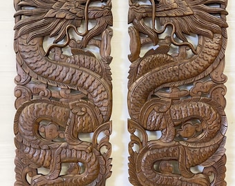 Hand Carved Teak Dragon Wood Wall Panel Set of 2, Chinese Twin Dragon Wall Art Sculpture, Boho Dragon Decorative   Panel Living Room 36 In