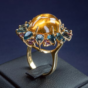 Natural 925 amber ring, Sterling silver ring plated 18K Gold,Amber Jewelry Ring,London Blue Topaz Pink Topaz, Size 8 Size 57 Real Gemstone