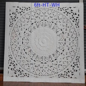 Large White King Headboard Mandala Wall Art Panel Bohemian Headboard 72 inches Lotus Flower Wooden Hand Craved Carve Craving Teak Wood Thai