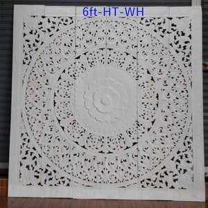 Large White King Headboard Mandala Wall Art Panel Bohemian Headboard 72 inches Lotus Flower Wooden Hand Craved Carve Craving Teak Wood Thai image 1