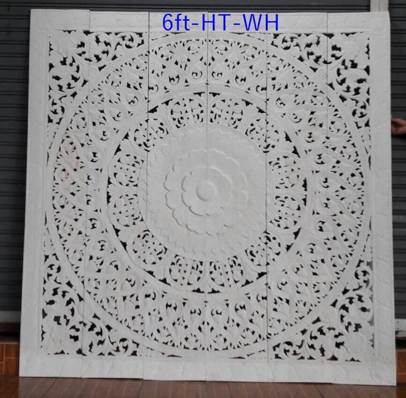 Large White King Headboard Mandala Wall Art Panel Bohemian Headboard 72 inches Lotus Flower Wooden Hand Craved Carve Craving Teak Wood Thai image 1