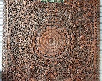 Brown Mandala Wood King Headboard, Carved Headboard King, Large Teak Wood Panels Wall Art, Thai Wood Carving, Mandala Wood Wall Art Hanging