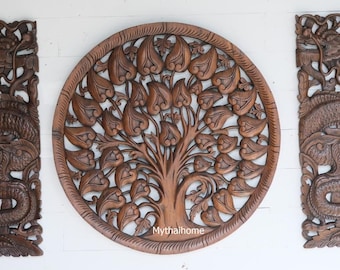 Bohemian Carved Headboards California King Headboard Dragon Wood Animals Bodhi Tree of life Large Wall Art Panels Thai Teak Wooden Carving