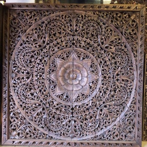 Mandala King Headboard,Teak king Headbord,Large Wood Wall Art Panels Wall Hanging,Bohemian Headboard, Carved Teak Panel,Thai Wood Carving 72