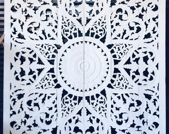 71&quot; Large Wall Art King Size Bed Sculpture Bohemian Headboard Decorative Flower Mandala Wood Hand Carved Teak Wood Panel White Thai Carving