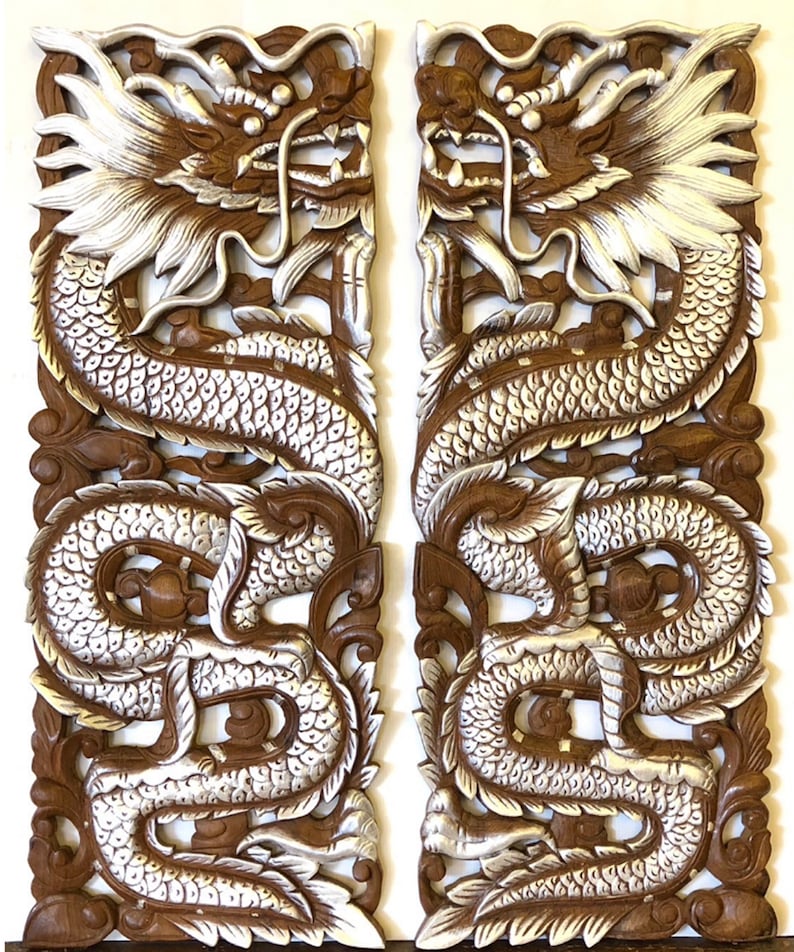 Hand Carved Teak Dragon Wood Wall Panel Set of 2, Chinese Twin Dragon ...