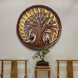 Wood Carved Wall Hanging Thai Wood Carving Bodhi Tree of life Lotus Flower Wooden Teak Panel Wall Decorative Yoga Office Bohemian Decor Gift