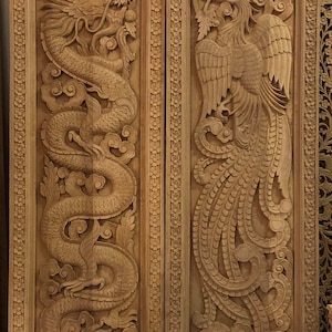 Handmade Carved Teak Doors Extra Headboard Large Wood Wall Art Carved Dragon Phoenix Bird Flower Wooden Panel Carved Entry Dragon Balinese