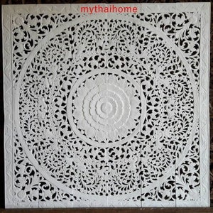 Large King Bed Headboard 6ft Sculpture Lotus Flower Wooden Hand Craved Craving Teak Wood Art Panel Panels White Washed Wall Home Decor Thai