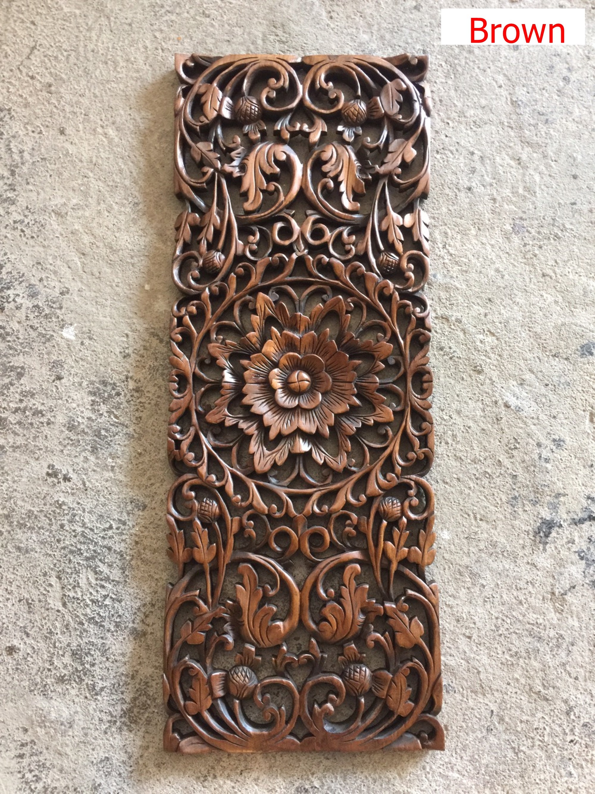 35.5" Brown White Floral Tropical Carved Wood Wall Art Panel Rustic ...