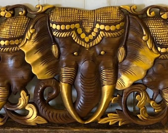 Elephant Head Wood Carved Panel 14 x 36 inches Natural Color Wood Carving Panel Traditional Thai Wood Carving Teak Wall Art Hanging Asian