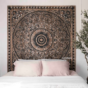 Black Wash Mandala Headboard King Wooden Carved Plaque 180 x 180 Cm Wall Art Hanging Asian Wood Carved Decor Boho Mandala Thai Wood Carving