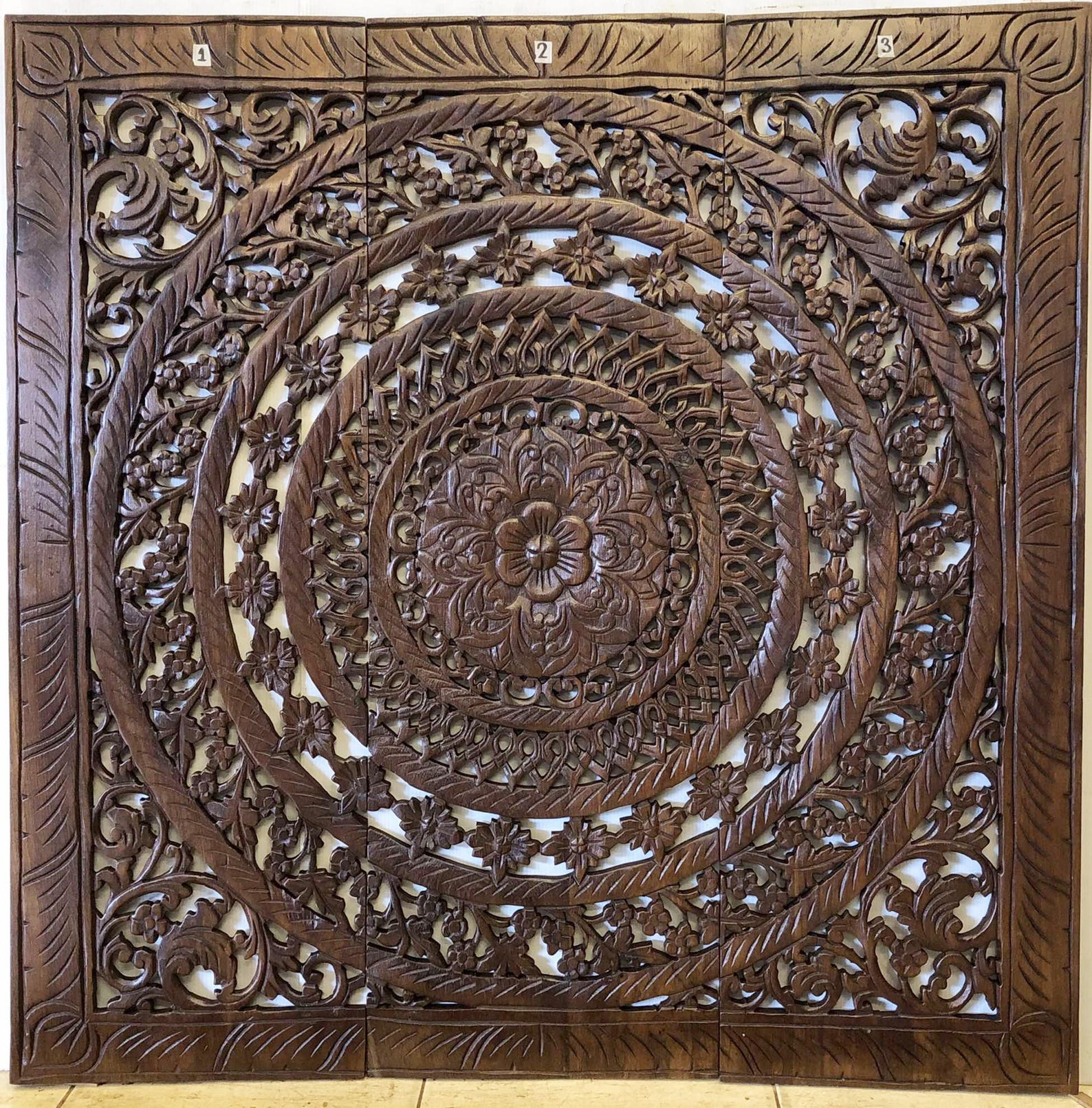 Teak Wood Carved Panel, Boho Wood Wall Art Decor, 3 Panels Wall Hanging