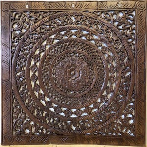 Teak Wood Carved Panel, Boho Wood Wall Art Decor, 3 Panels Wall Hanging Brown Furniture, Boho Wood Wall Decor, Natural Teak Panel Mandala 90