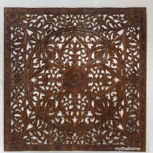 Brown Queen Headboard, Lotus Wood Wall Art, Bohemian Headboard, Large Wood Teak Wall Art Panel, Asian Carved Mandala Wood Wall Art 150cm