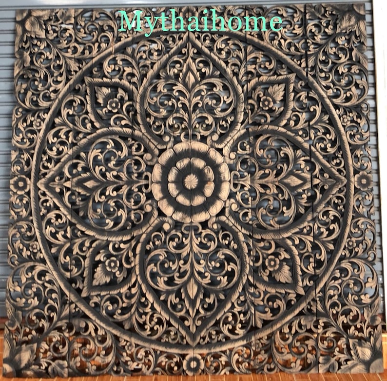 Large Thai Wall Art King Size Bed Rustic Bohemian Headboard 6ft Decorative Flower Mandala Wooden Hand Craved Plaque Teak Wood Panel Decor