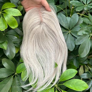May include: A hair topper featuring straight, light ash blonde hair with subtle silver and grey highlights. The piece has a visible monofilament base at the crown, designed to mimic a natural scalp appearance with a defined center part.