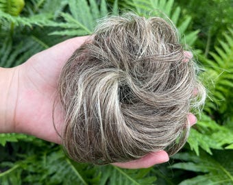 Brown Blonde#4-613 Highlight Hair Bun Extension, Grey Highlights Chignon Hairpiece for Women, Real Hair Volumizing Scrunchie Updo Grey
