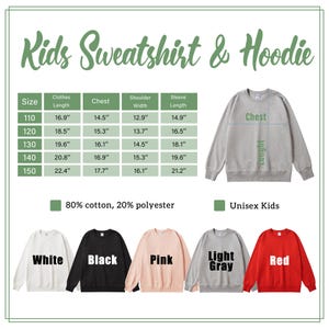 May include: A graphic showing a size chart for kids' sweatshirts and hoodies, with measurements in inches. The chart includes chest, shoulder width, and sleeve length. The image also displays sweatshirts in white, black, pink, light gray, and red.