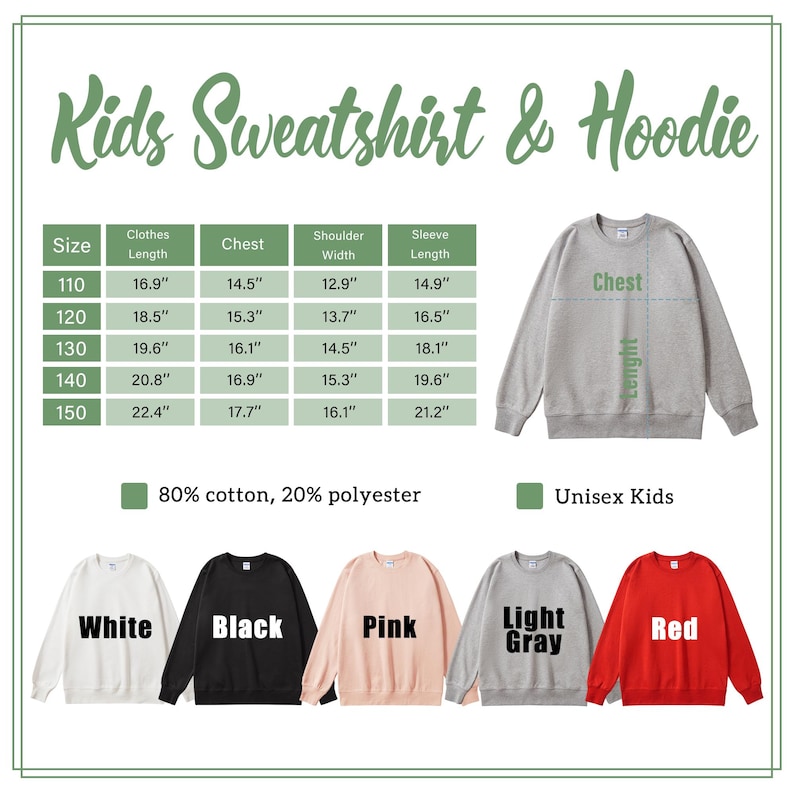May include: A graphic showing a size chart for kids' sweatshirts and hoodies, with measurements in inches. The chart includes chest, shoulder width, and sleeve length. The image also displays sweatshirts in white, black, pink, light gray, and red.