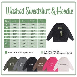 May include: A product image showcasing a washed sweatshirt and hoodie. The image includes a size chart with measurements in inches, a diagram, and a color palette featuring Olive Drab, Light Gray, Black, Coffee Brown, Rose Red, and Apricot. The fabric is 80% cotton and 20% polyester.