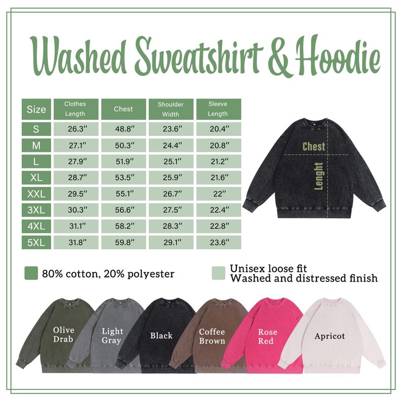 May include: A product image showcasing a washed sweatshirt and hoodie. The image includes a size chart with measurements in inches, a diagram, and a color palette featuring Olive Drab, Light Gray, Black, Coffee Brown, Rose Red, and Apricot. The fabric is 80% cotton and 20% polyester.