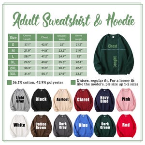 May include: Image of an adult sweatshirt and hoodie with size and color options. The size chart shows measurements in inches for chest, shoulder width, and sleeve length. Colors include light gray, black, apricot, claret, navy blue, pink, white, coffee brown, dark gray, blue, dark green, and red.