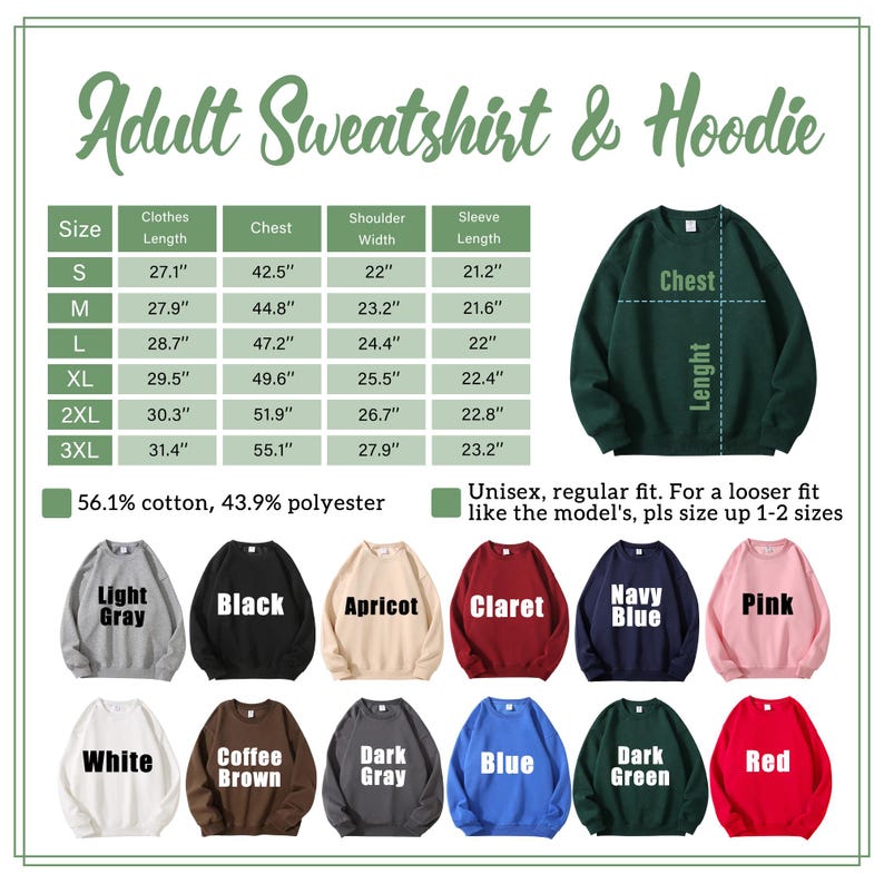 May include: Image of an adult sweatshirt and hoodie with size and color options. The size chart shows measurements in inches for chest, shoulder width, and sleeve length. Colors include light gray, black, apricot, claret, navy blue, pink, white, coffee brown, dark gray, blue, dark green, and red.