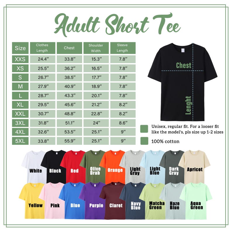 May include: A size chart for adult short tees, with measurements in inches for chest, shoulder width, and sleeve length. The image displays a black t-shirt and a color palette including white, black, red, and other colors. The shirts are 100% cotton.