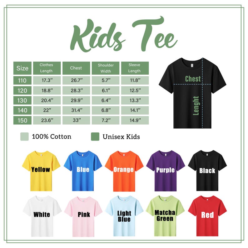 May include: A graphic showing a variety of colorful unisex kids' t-shirts, including yellow, blue, orange, purple, black, white, pink, light blue, matcha green, and red. The image also includes a size chart with measurements in inches and the text "Kids Tee."