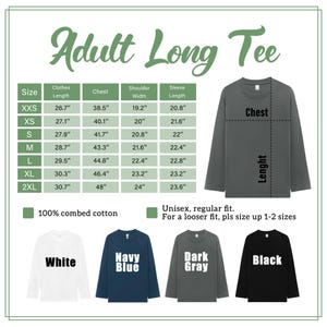 May include: Adult long sleeve tees in white, navy blue, dark gray, and black are displayed. A size chart shows measurements in inches for chest, length, shoulder width, and sleeve length. The shirts are 100% combed cotton and unisex, regular fit.