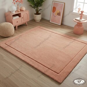 Minimalist Solid Peach Rectangular Hand-Tufted Wool Rug Plush Bordered Soft Coral Bedroom Floor Décor 9x12 Large Area Contemporary Rug