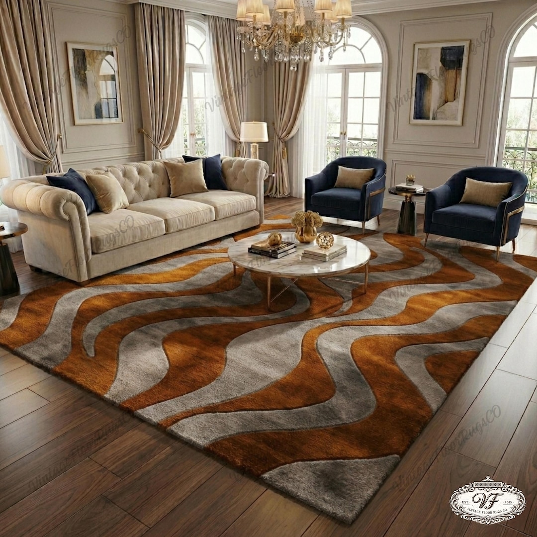 Modern Abstract Wave Hand Tufted Area Wool Carpet, Terracotta & Sand ...