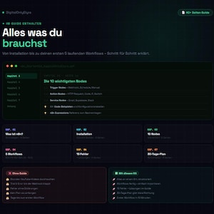 Puede incluir: Una guía digital verde oscuro y negro con el texto "Alles was du brauchst" y "IM GUIDE ENTHALTEN". La guía incluye secciones sobre flujos de trabajo, nodos e instalación, con una lista de temas y una guía de más de 40 páginas.