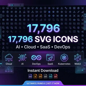 Pacchetto di 17.796 icone SVG tecnologiche, pacchetto di icone per sviluppatori, collezione SVG per SaaS e cloud, icone DevOps, download immediato.