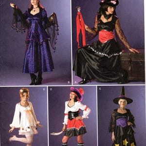 May include: Simplicity pattern 2502, size K5 8, 10, 12, 14, 16, features five costume variations including a purple dress with lace shawl, a black and red gown, a white dress, a pirate-inspired outfit, and a black dress with yellow stars.