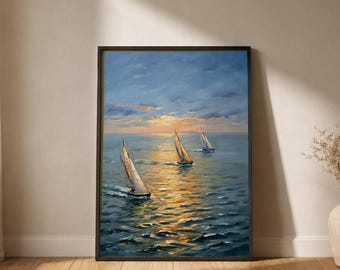 Lámina artística de velero dorado / Pintura al óleo de regata al atardecer / Póster artístico de yate grande / Decoración de pared para sala de estar con temática costera Regalo náutico