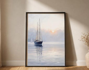 Decoración de pared con velero / Cuadro de regata para pared / Arte costero de veleros en tonos pastel / Decoración de dormitorio con amanecer tranquilo