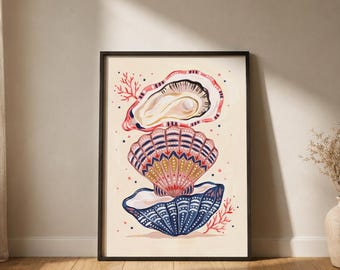 Lámina artística de concha de ostra pintada / Pintura folclórica de trío de conchas marinas / Arte mural de perlas de concha de vieira / Decoración costera para cocina y comedor