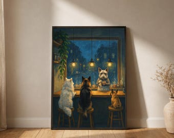 Lámina artística de cafetería con perros / Pintura al óleo de una acogedora tarde en un café / Perros en la barra de un bar en una noche lluviosa / Regalo para amantes de los perros