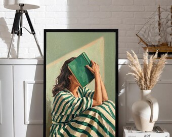 Book Lover Reading Nook Decor | Woman Reading Print Emerald Green | Striped Portrait Oil Painting Art