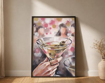 Lámina de cóctel Martini / Arte retro femenino para bar / Póster de bebida de autor / Arte de pared con confeti estilo preppy / Lámina para la hora del cóctel / Decoración para carrito de bar