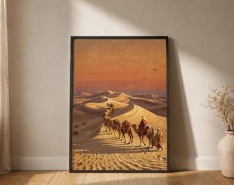 Lámina decorativa de pared con caravana de camellos en el desierto, pintura al óleo islámica vintage, paisaje desértico al atardecer para imprimir, arte mural musulmán, decoración bohemia del desierto.