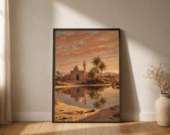 Lámina decorativa de oasis islámico, pintura vintage de mezquita en el desierto, decoración islámica para pared imprimible, paisaje de palmeras al atardecer en el desierto.