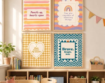 Back to School Wall Art Set of 8 Prints, Classroom Decor Printable, Teacher Wall Art, First Day of School Poster, Homeschool Playroom Art