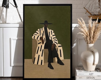 Black Man Wall Art, Seated Man in Striped Coat Print, Afrocentric Dining Room Decor, Moody Moody Figurative Painting Digital Download