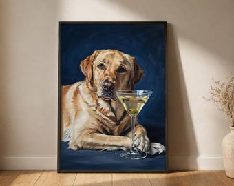 Dog Martini Art Print, Labrador Cocktail Painting, Funny Dog Bar Wall Decor, Whimsical Pet Portrait, Labrador Lover Gift