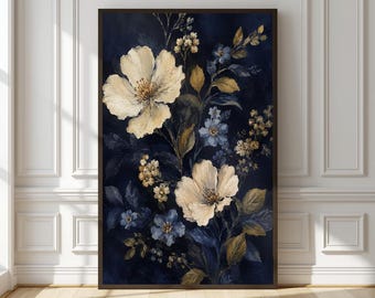 Navy Floral Wall Art Print | Deep Blue Botanical Painting | Bedroom Elegant Decor | Anniversary Gift